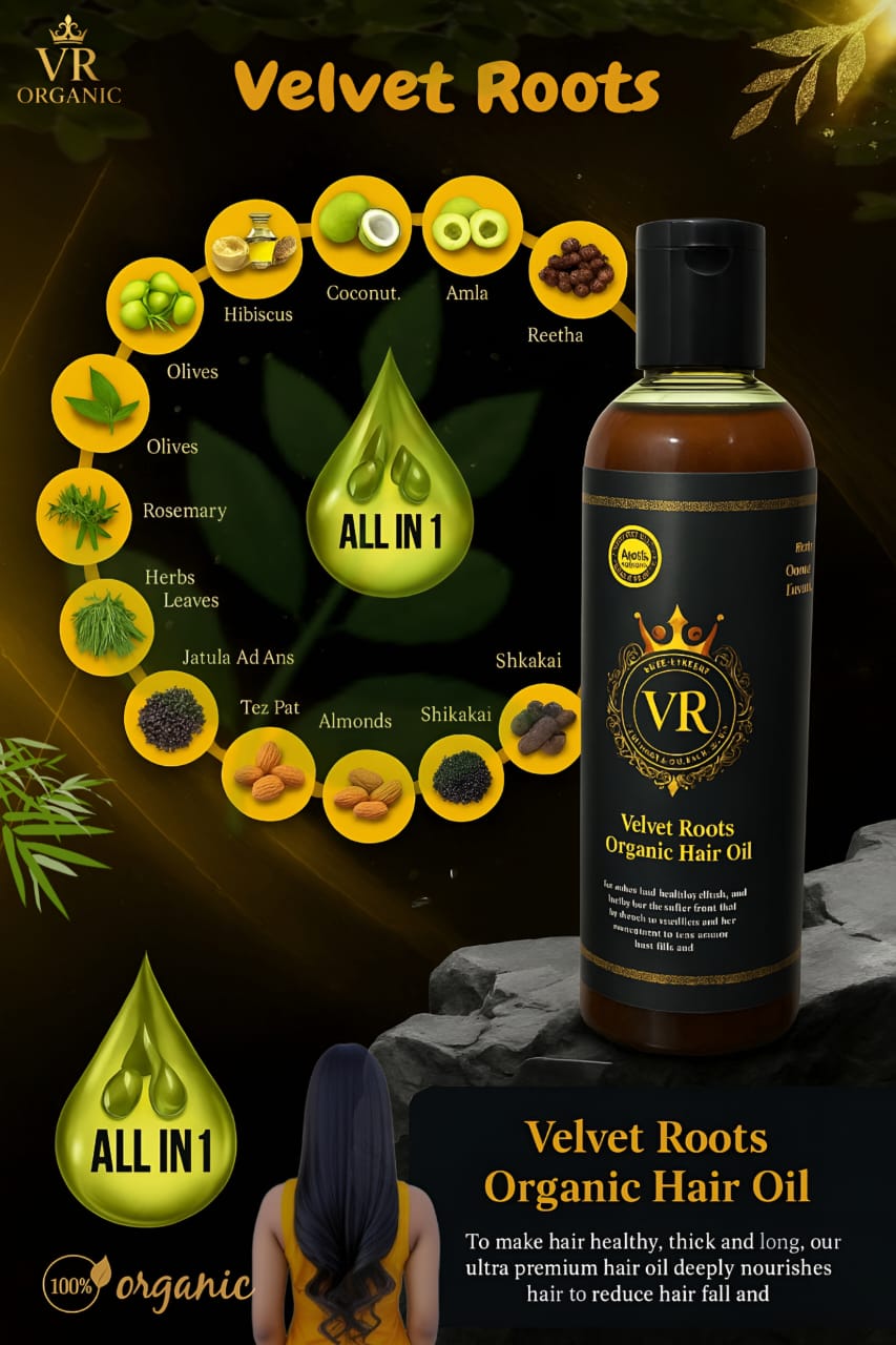 Velvet Roots Organic Hair Oil – 100% Natural Herbal Blend for Hair Growth, Strength & Shine